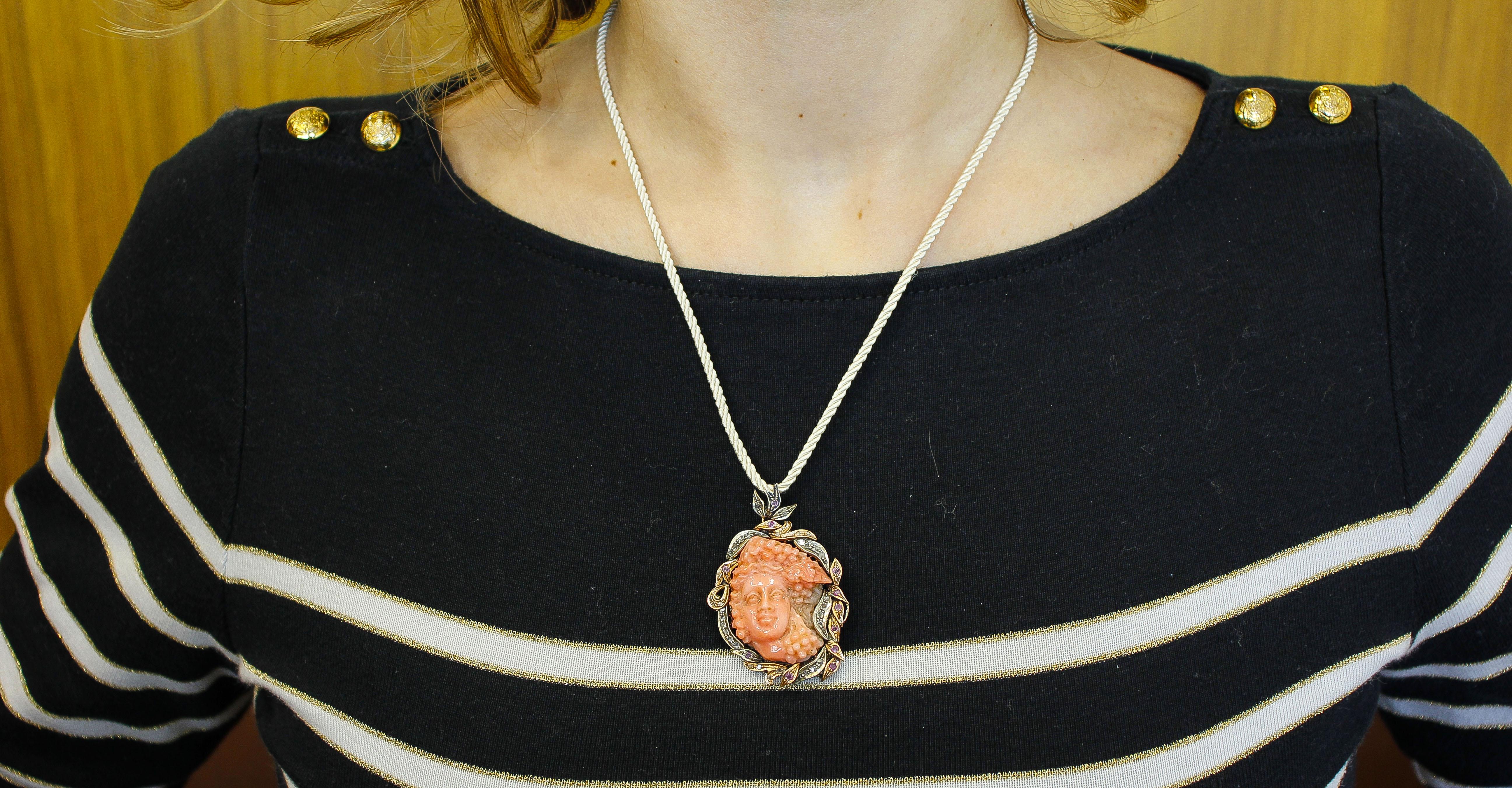 Diamonds, Rubies, Engraved  Coral Rose Gold and Silver Retro Pendant/Brooch For Sale 1