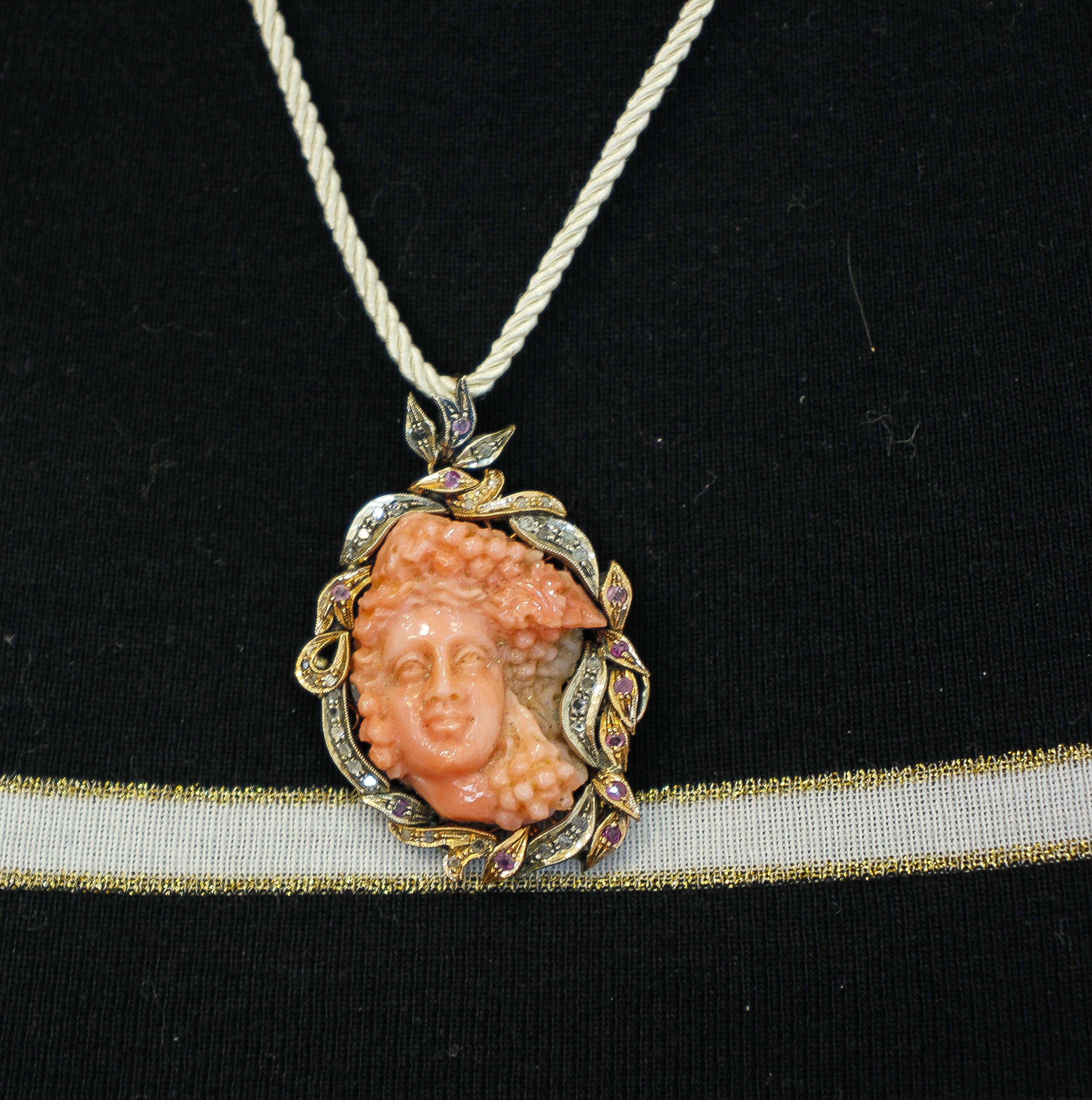 Diamonds, Rubies, Engraved  Coral Rose Gold and Silver Retro Pendant/Brooch For Sale 3