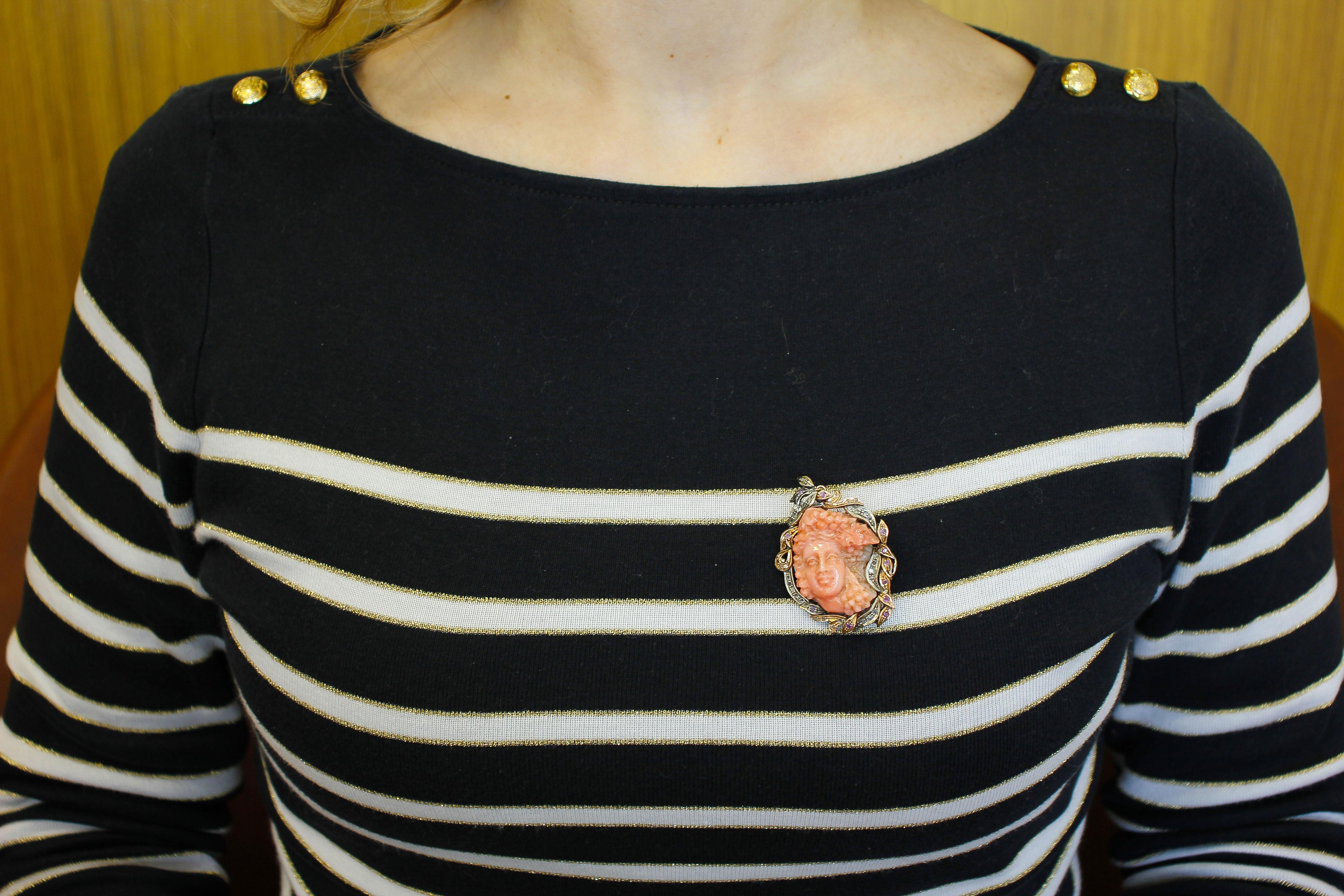 Diamonds, Rubies, Engraved  Coral Rose Gold and Silver Retro Pendant/Brooch For Sale 4