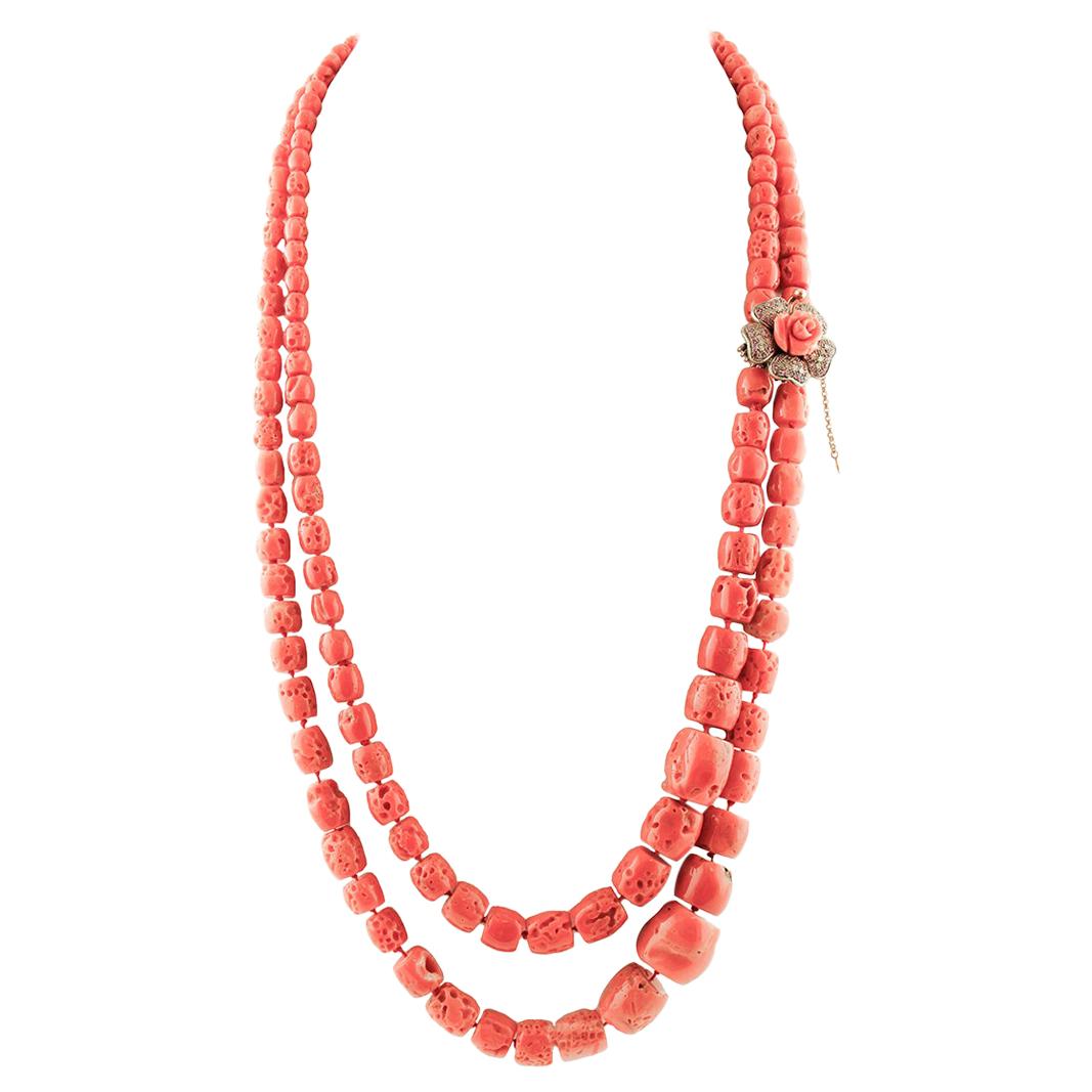 Diamonds, Rubies, Coral 9 Karat Rose Gold and Silver Clasp Multi-Strand Necklace For Sale