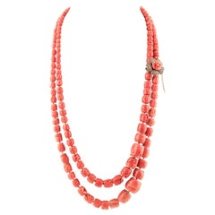 Vintage Diamonds, Rubies, Coral 9 Karat Rose Gold and Silver Clasp Multi-Strand Necklace