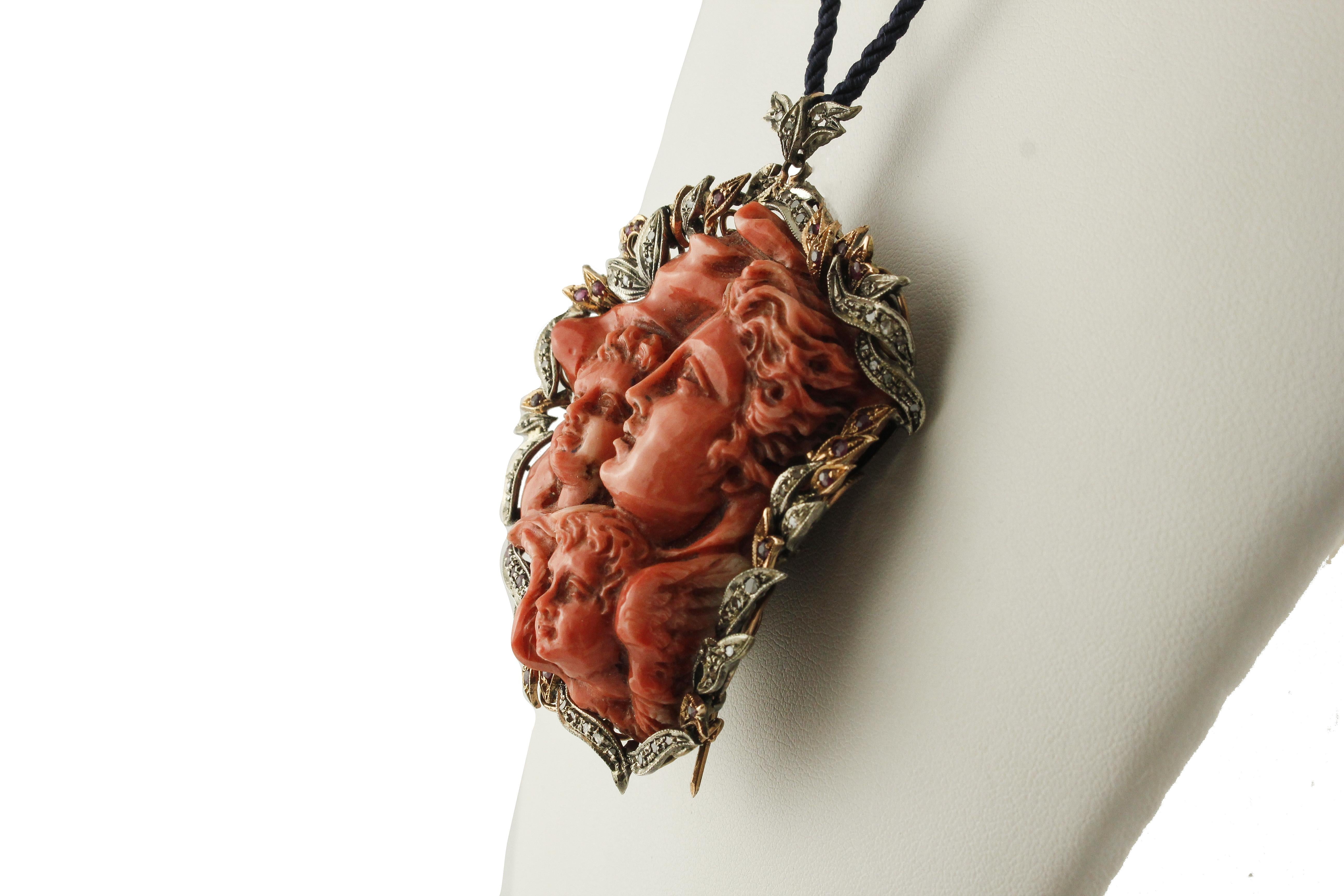 Retro Diamonds, Rubies, Engraved Face Red Coral, Rose Gold/Silver Pendant Necklace/Brooch
