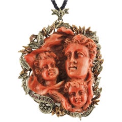 Diamonds, Rubies, Engraved Face Red Coral, Rose Gold/Silver Pendant Necklace/Brooch