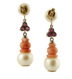 Diamonds, Rubies, Red Coral, Pearls, White Gold Dangle Earrings