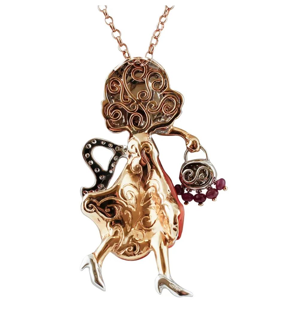 Retro Diamonds, Rubies, Coral, 14 Karat White and Rose Gold, Lady Pendant For Sale