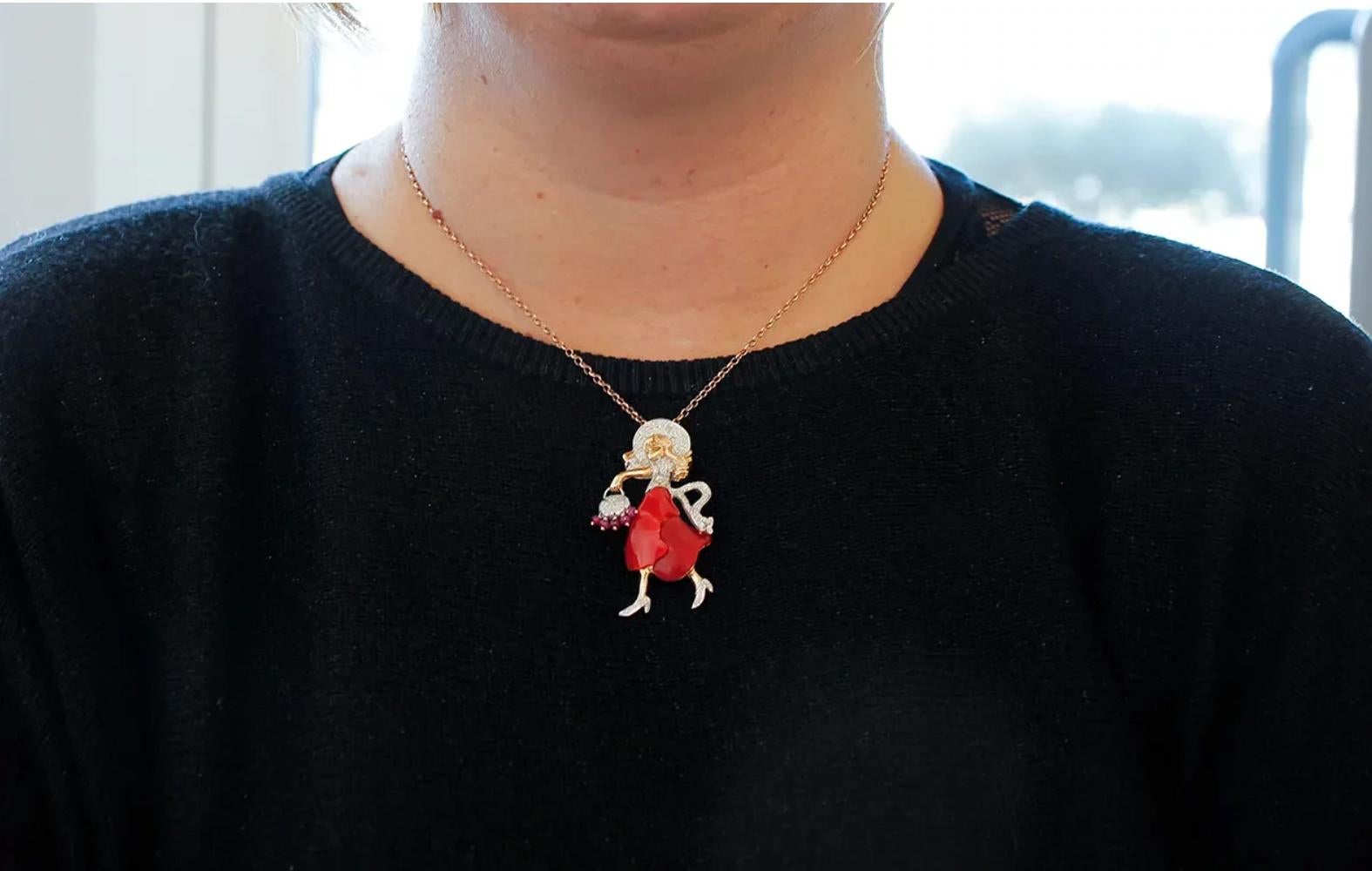 Mixed Cut Diamonds, Rubies, Coral, 14 Karat White and Rose Gold, Lady Pendant For Sale