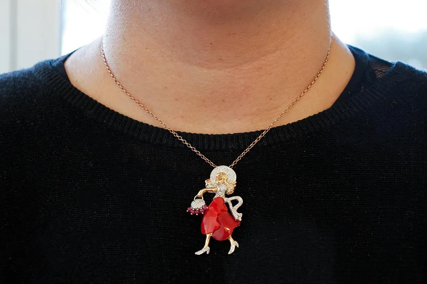 Diamonds, Rubies, Coral, 14 Karat White and Rose Gold, Lady Pendant In Good Condition For Sale In Marcianise, Marcianise (CE)