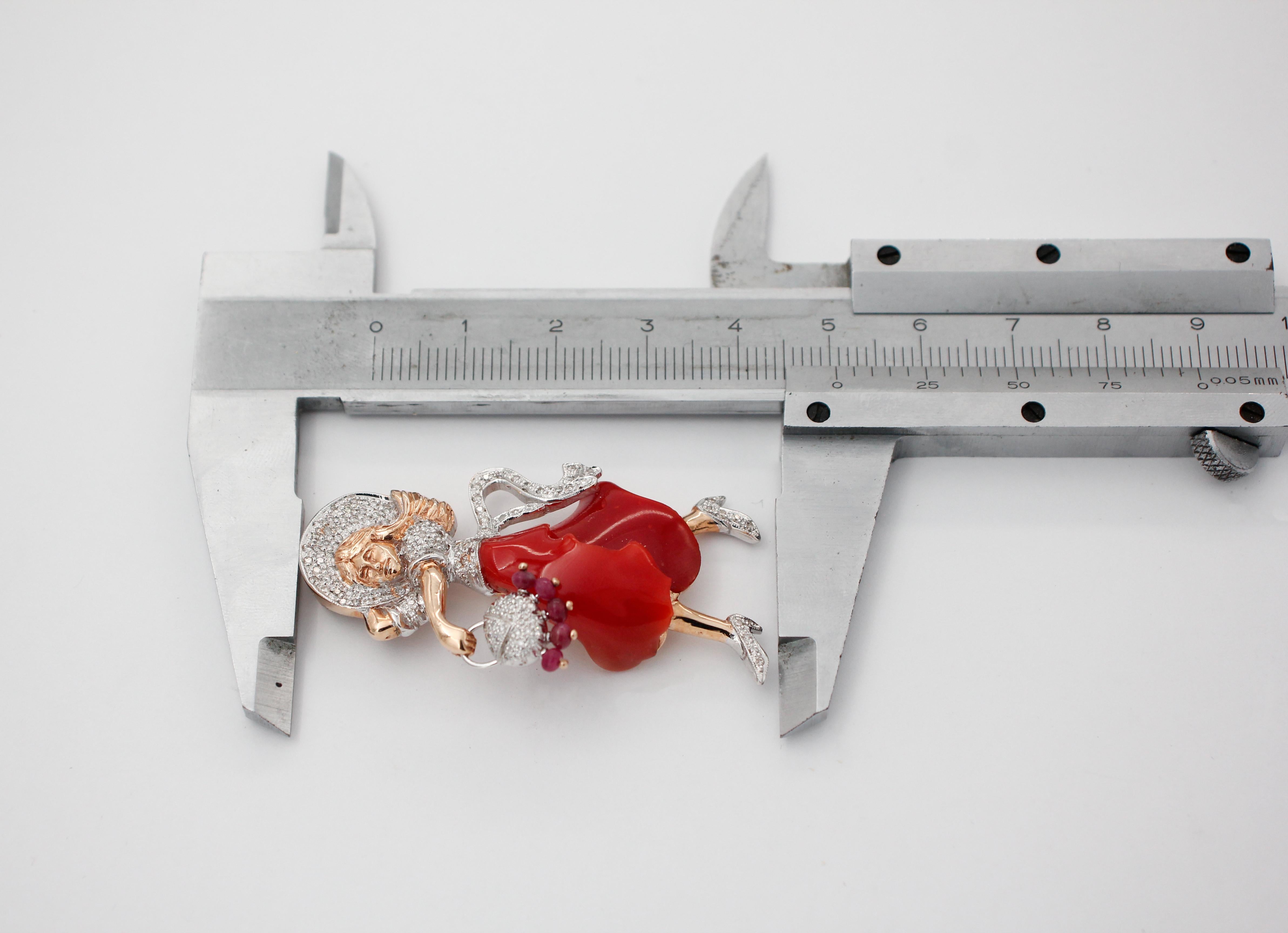 Women's Diamonds, Rubies, Coral, 14 Karat White and Rose Gold, Lady Pendant For Sale