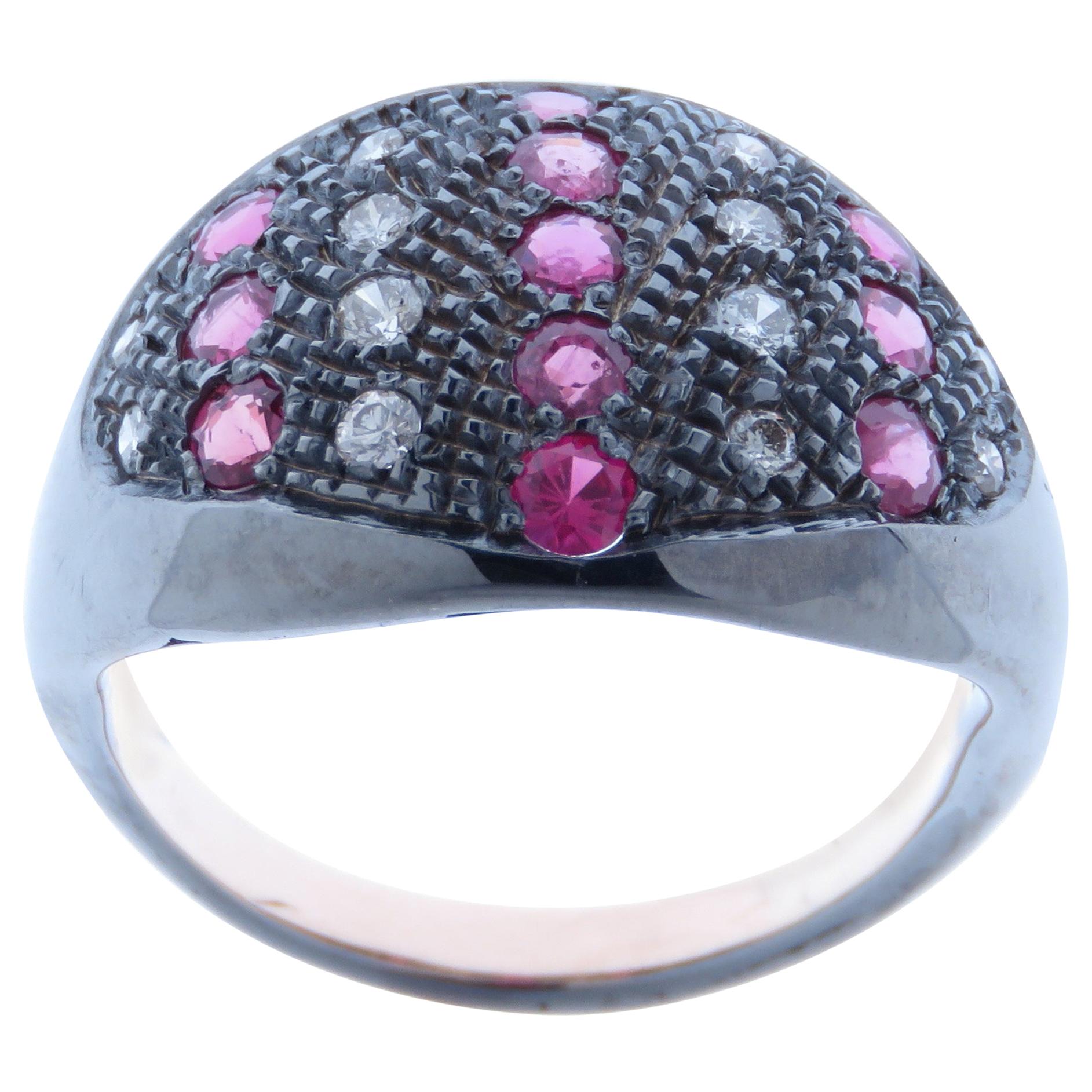 Diamonds Rubies Dome Ring Handcrafted in Italy by Botta Gioielli For Sale