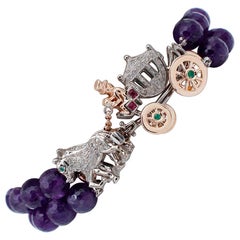 Diamanti, rubini, smeraldi, oro rosa 9 carati e bracciale in argento con perline a forma di carrozza