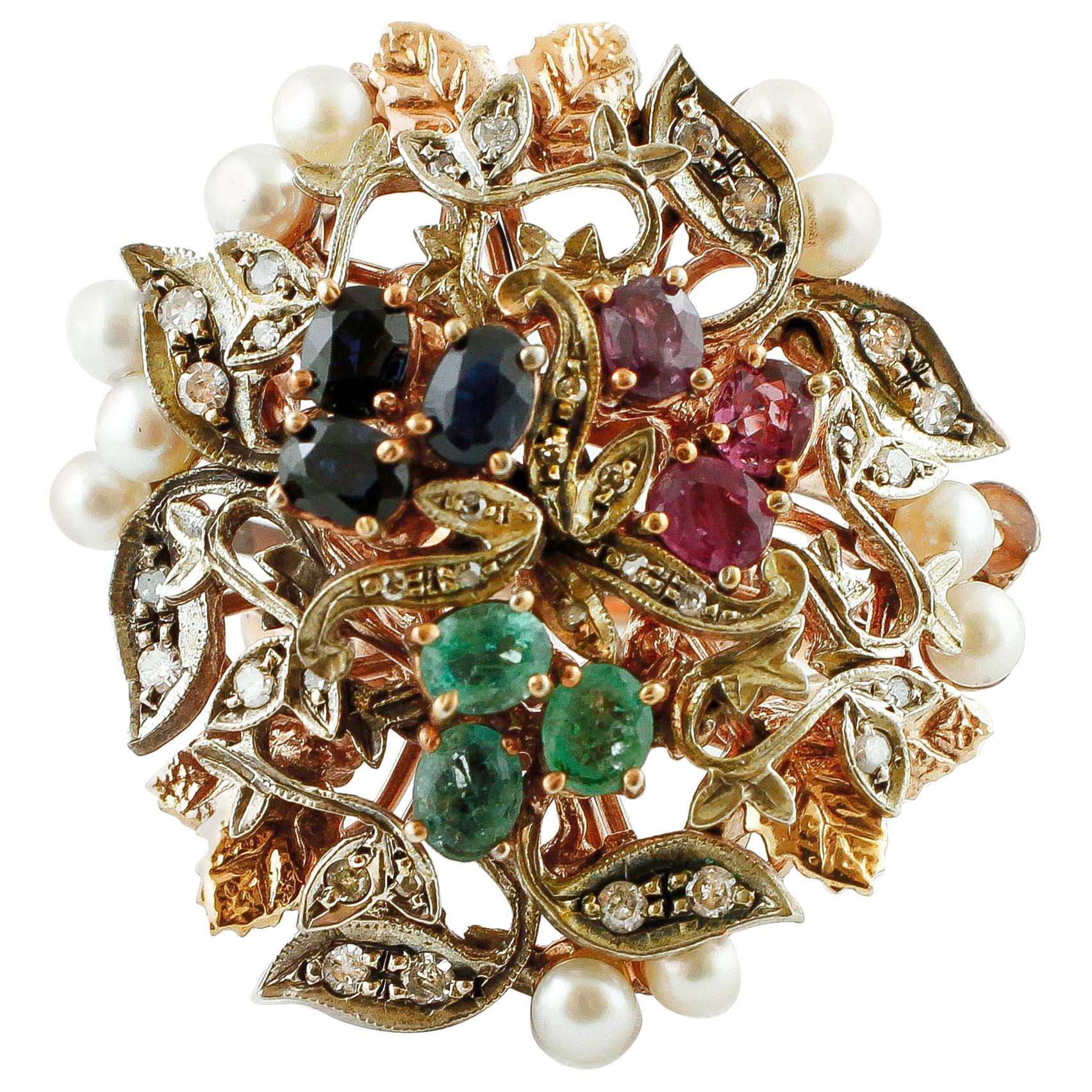 Diamonds, Rubies, Emeralds, Blue Sapphires, Pearls, 9K rose Gold and Silver Ring
