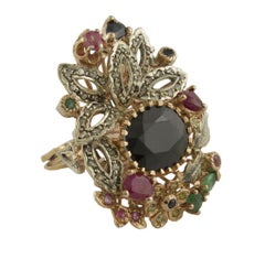 Diamonds Rubies Emeralds Blue Sapphires Rose Gold and Silver Fashion Ring