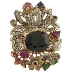 Diamonds Rubies Emeralds Blue Sapphires Rose Gold and Silver Fashion Ring