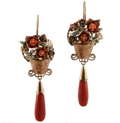 Diamond, Ruby, Emerald, Blue Yellow Sapphires, Red Coral, Rose Gold Silver Earrings