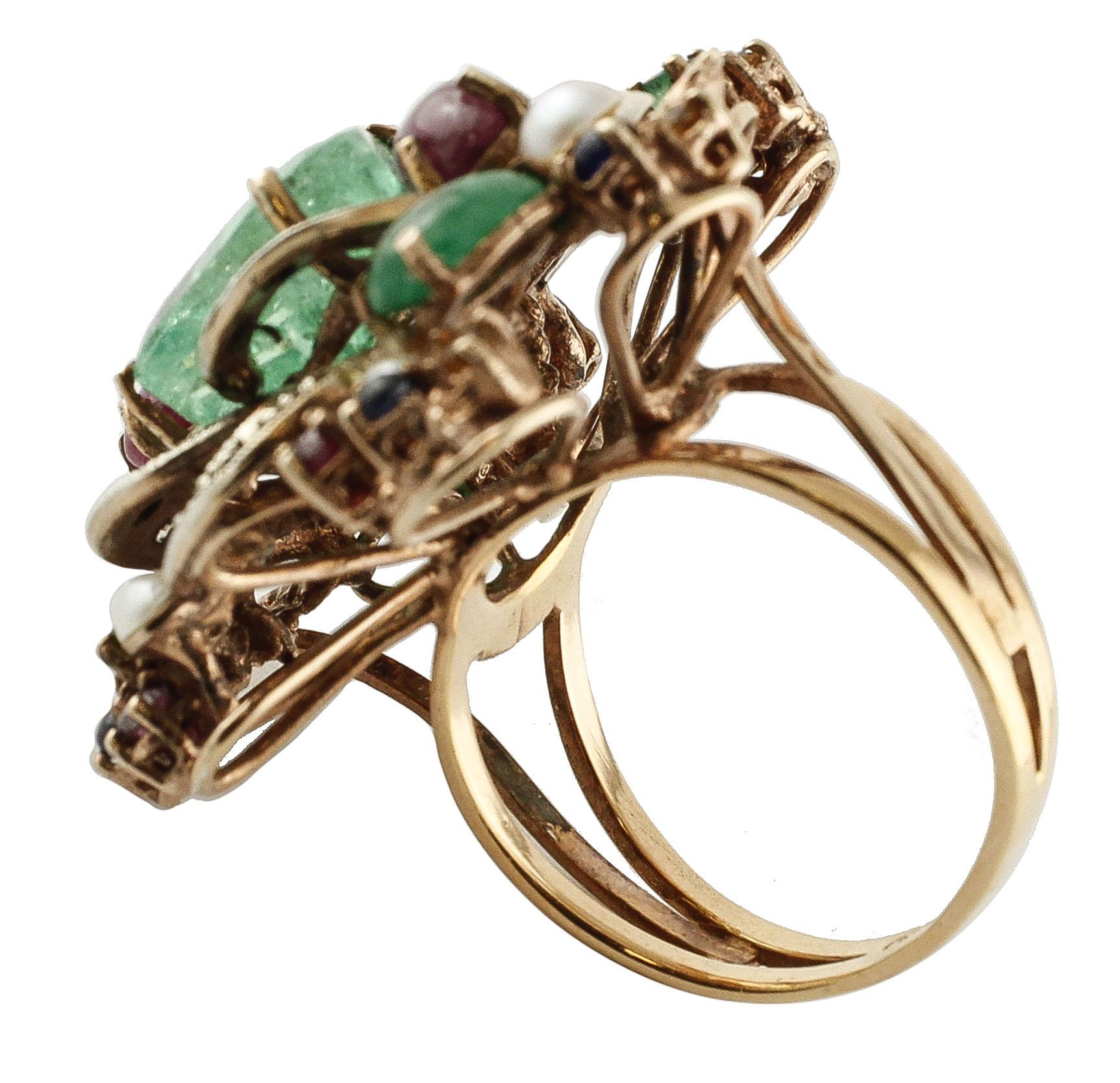 Mixed Cut Diamonds, Rubies, Emeralds, Blue Yellow Sapphires, Pearls Rose Gold Silver Ring