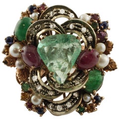Vintage Diamonds, Rubies, Emeralds, Blue Yellow Sapphires, Pearls Rose Gold Silver Ring