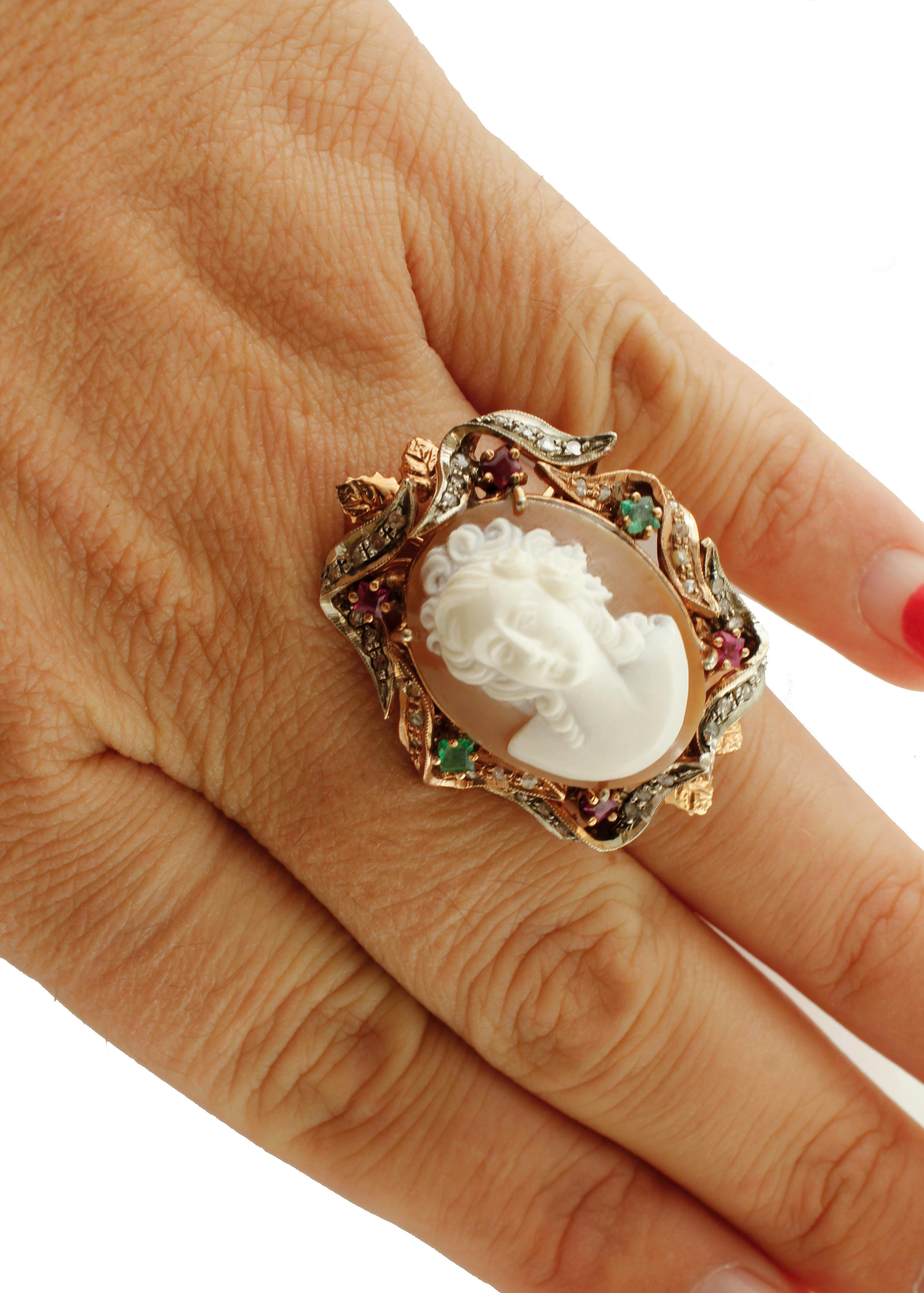Mixed Cut Diamonds, Rubies, Emeralds, Cameo, 9 Karat Gold and Silver Cluster/Fashion Ring For Sale