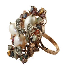 Diamonds Rubies Emeralds Multi-Color Sapphires, Pearls Rose Gold and Silver Ring