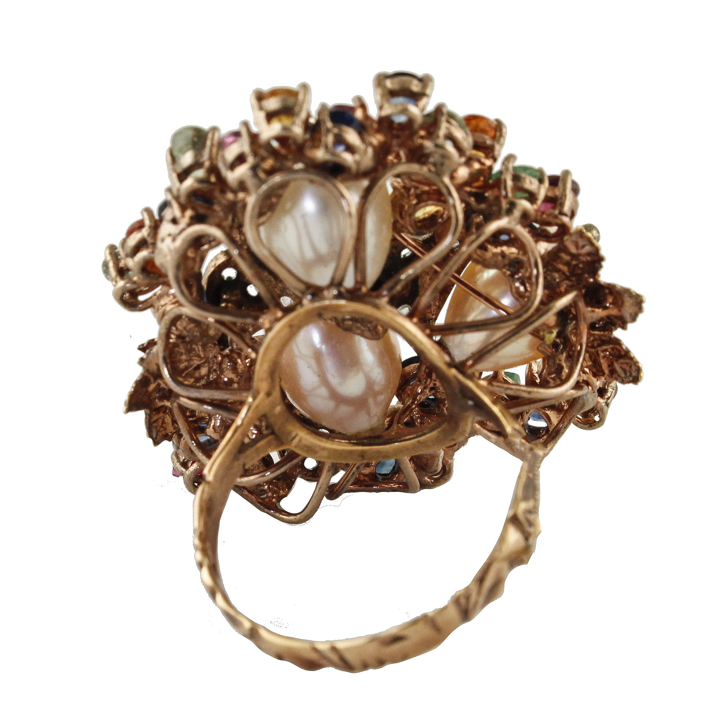 Retro Diamonds Rubies Emeralds Multi-Color Sapphires, Pearls Rose Gold and Silver Ring For Sale