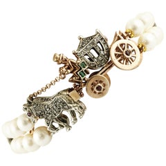 Diamonds Rubies Emeralds Pearls Rose Gold and Silver Carriage Beaded Bracelet