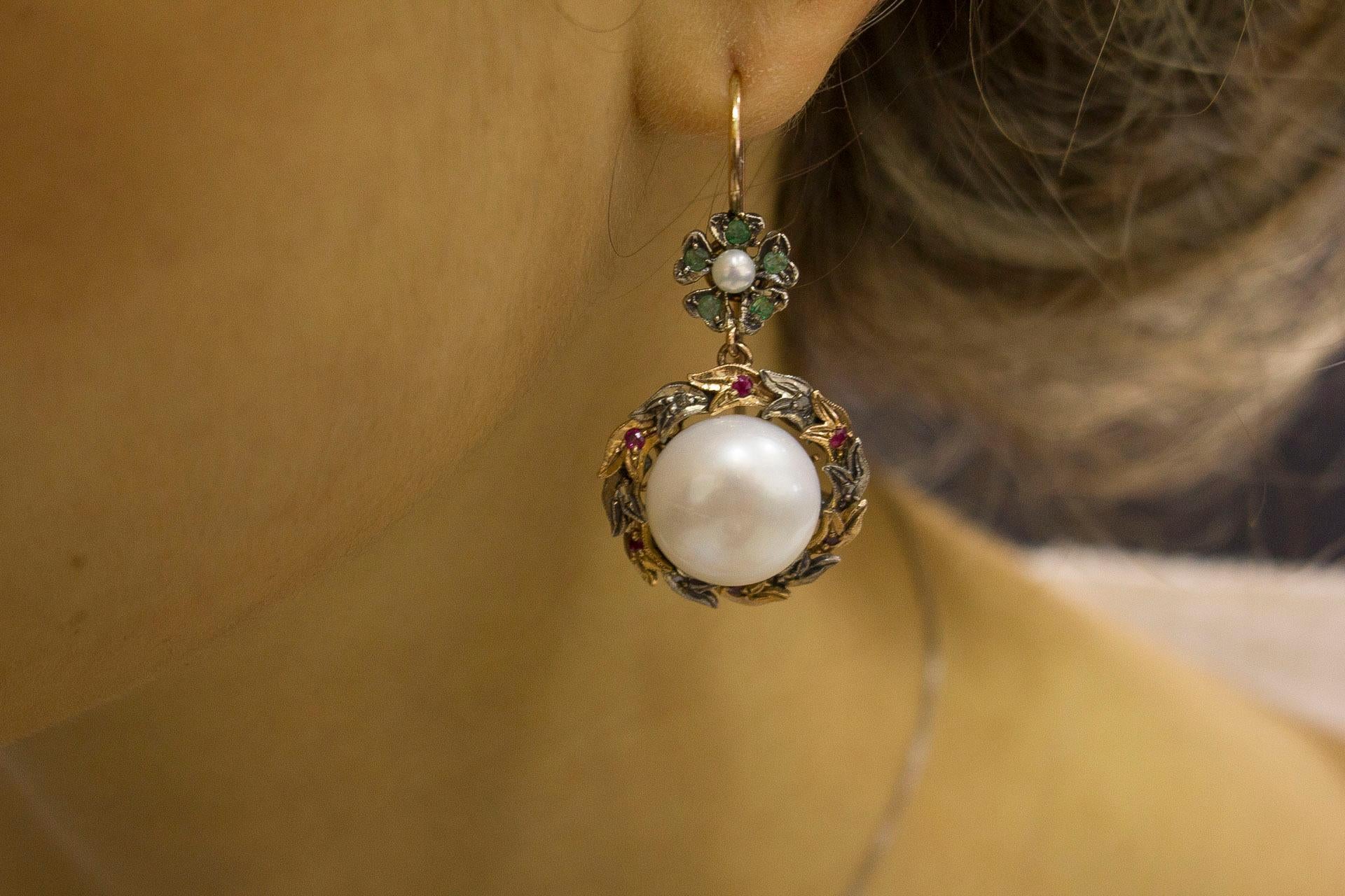 Women's Diamonds Rubies Emeralds Pearls Rose Gold and Silver Dangle Earrings