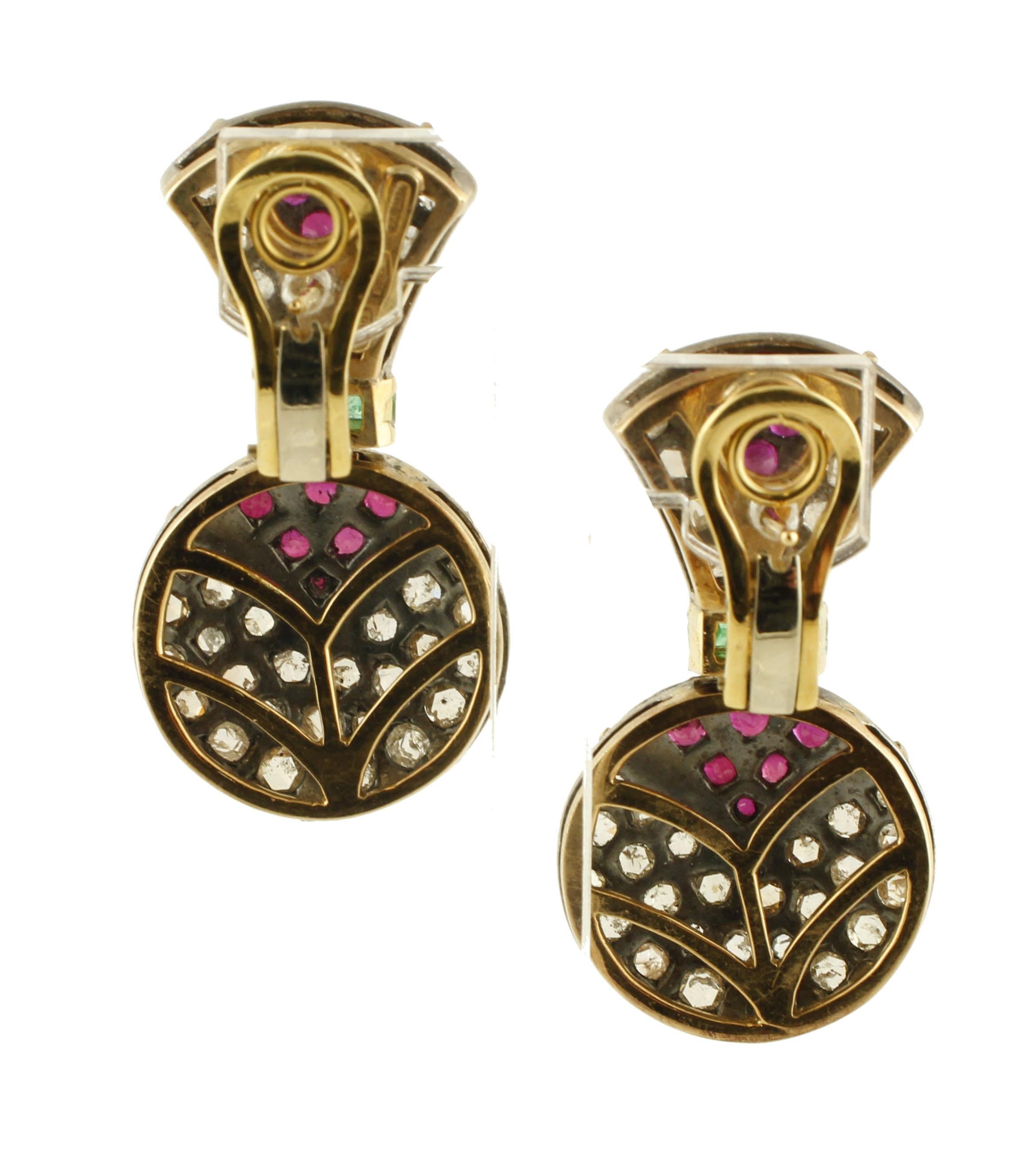Retro Diamonds Rubies Emeralds Rose Gold and Silver Fashion Earrings