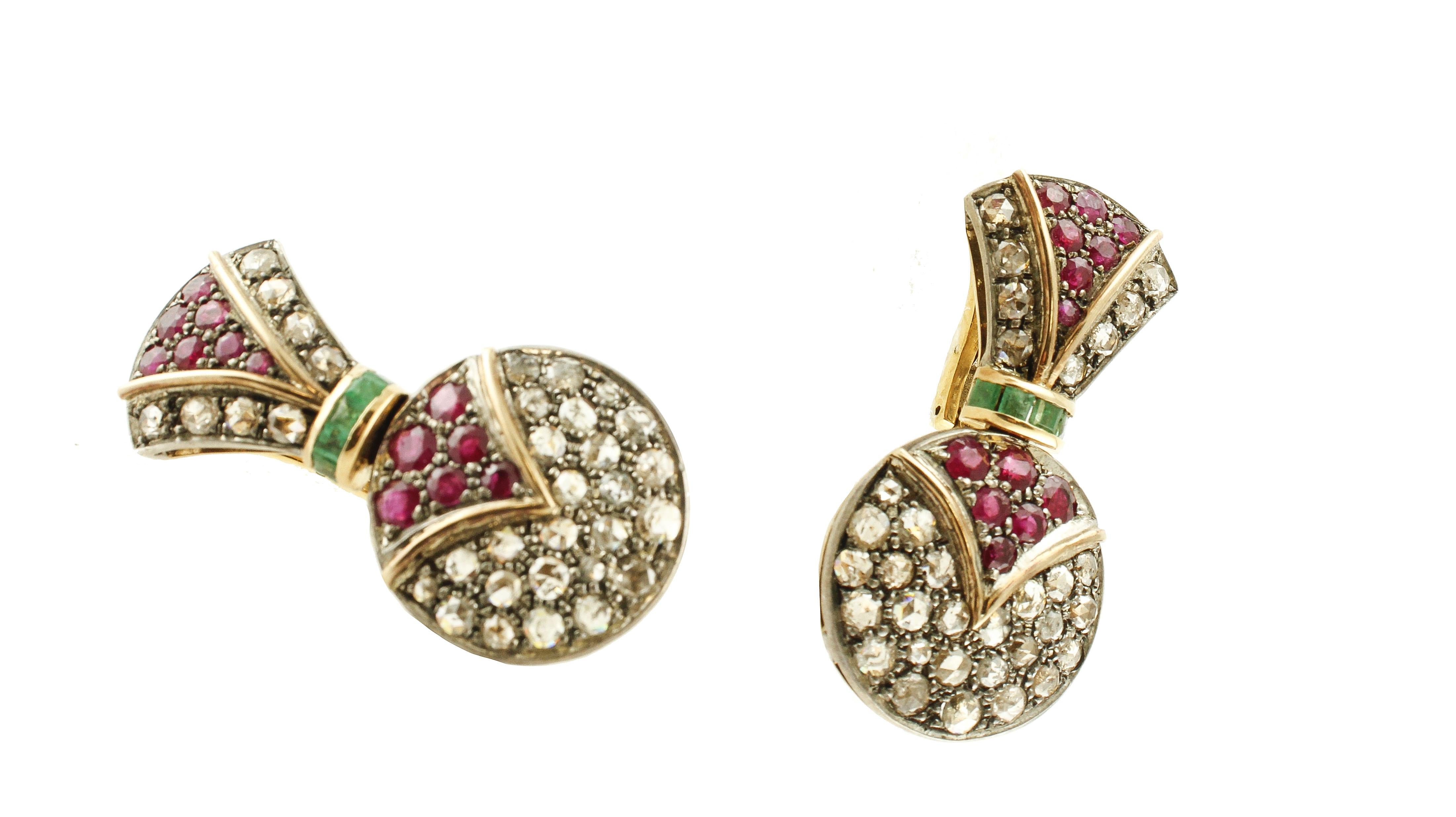 Mixed Cut Diamonds Rubies Emeralds Rose Gold and Silver Fashion Earrings