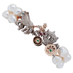 Diamonds Rubies Emeralds Sapphire Pearls, Rose Gold and Silver Carriage Bracelet