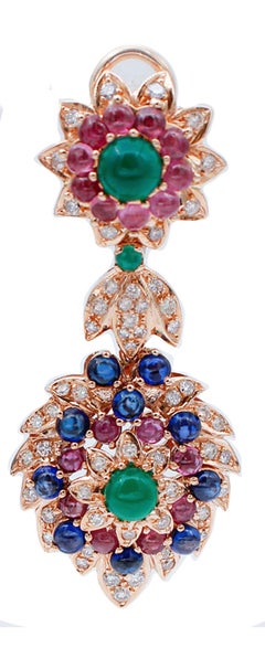 Diamonds, Rubies, Emeralds, Green Agate, Sapphires, 14Kt Rose Gold Dangle Earrings
