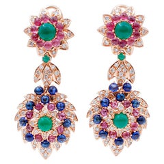 Diamonds, Rubies, Emeralds, Green Agate, Sapphires, 14Kt Rose Gold Dangle Earrings