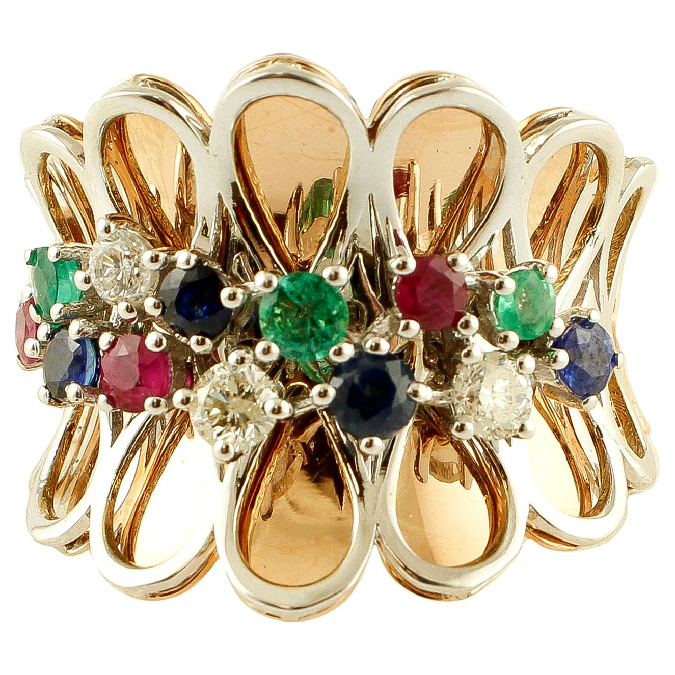 Diamonds, Rubies, Emeralds, Sapphires, 14 Karat Rose Gold, Vintage Fantasy Ring For Sale