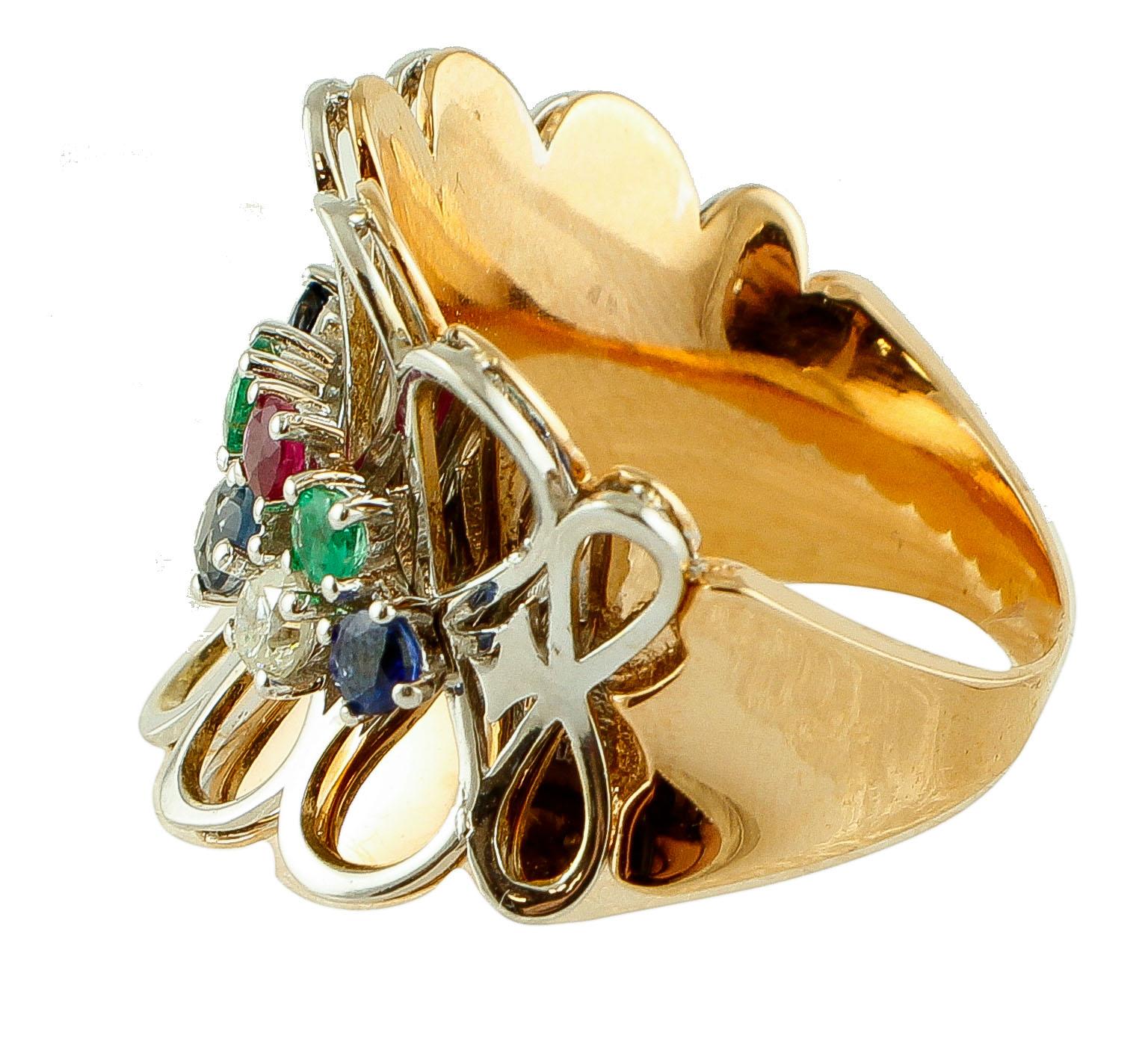 Retro Diamonds, Rubies, Emeralds, Sapphires, 14 Karat Rose Gold, Vintage Fantasy Ring For Sale