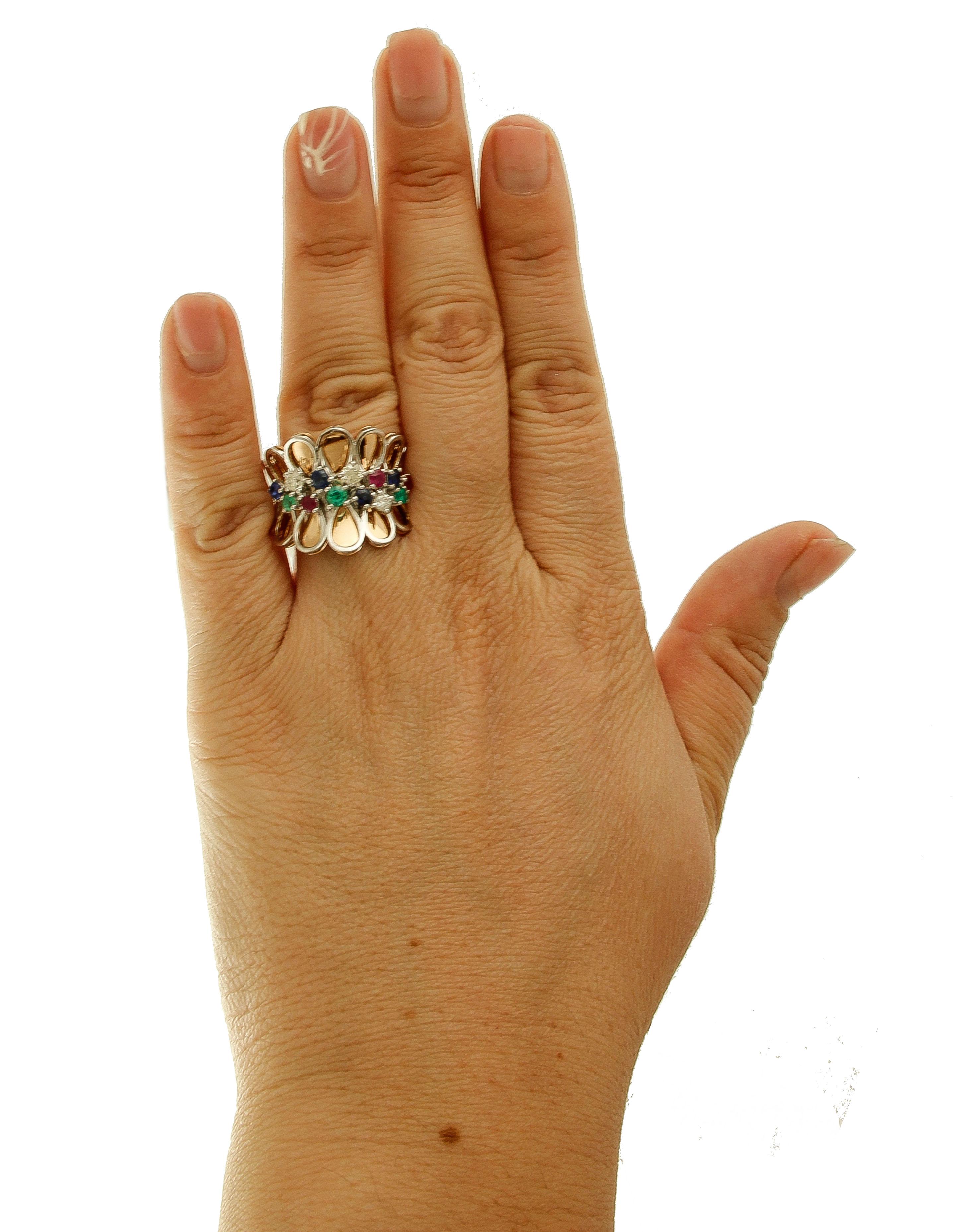 Diamonds, Rubies, Emeralds, Sapphires, 14 Karat Rose Gold, Vintage Fantasy Ring For Sale 1