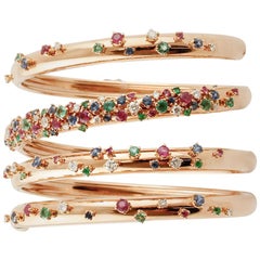 Diamonds, Rubies, Emeralds Sapphires 18 Karat Yellow Gold Spiral Bangle Bracelet