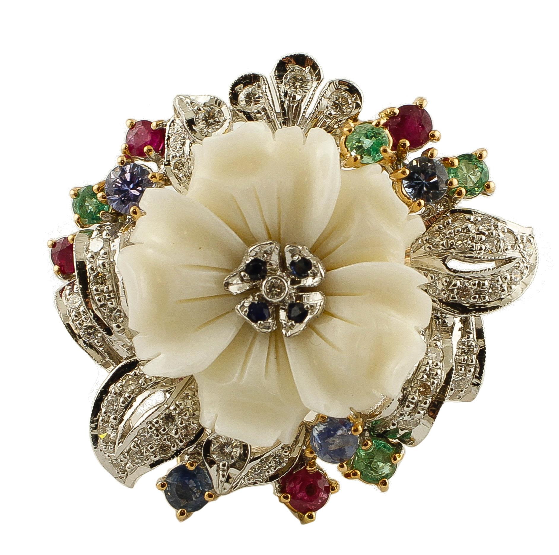 Diamonds, Rubies, Emeralds, Sapphires, White Coral 14 Kt Rose and White Gold