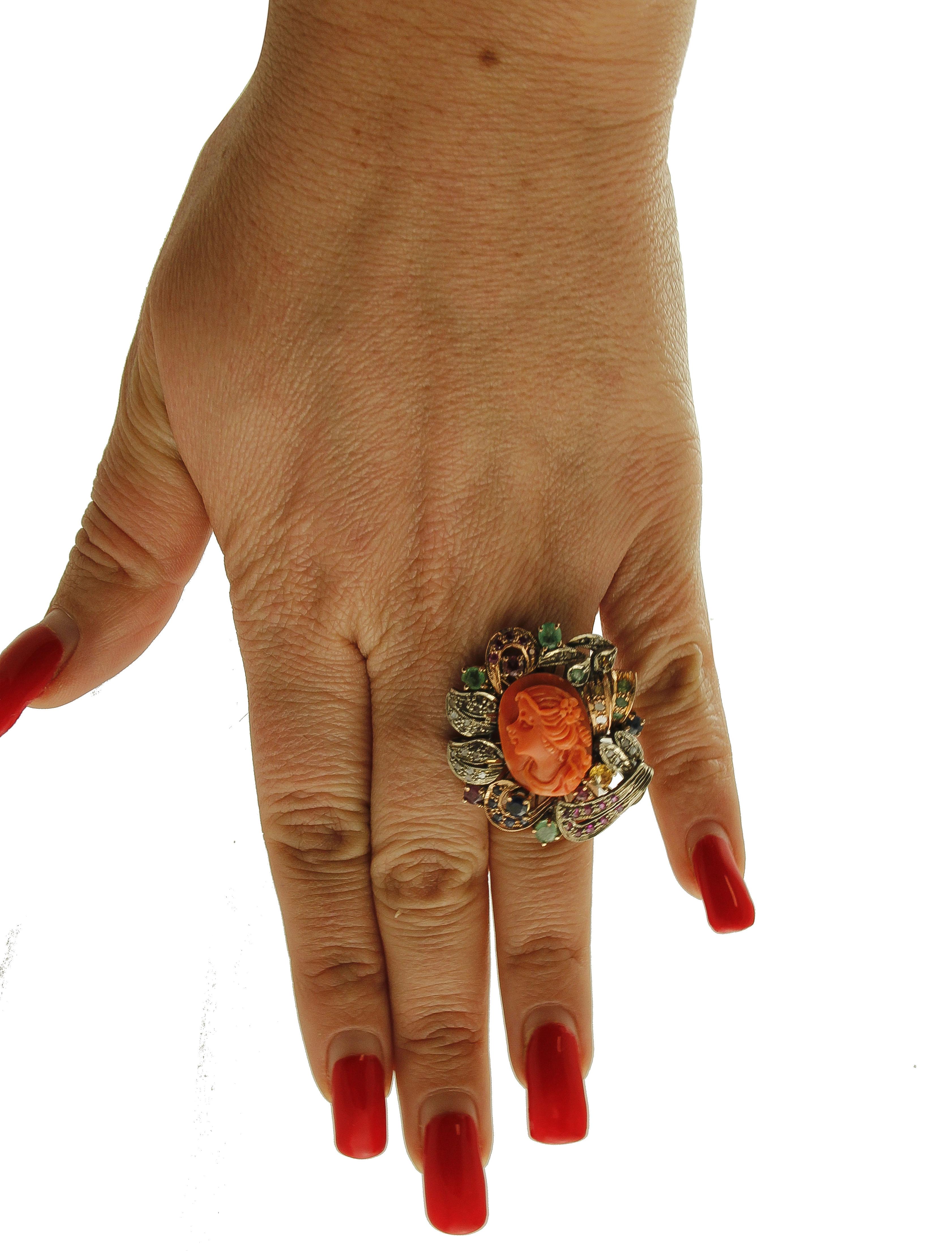 Retro Diamonds, Rubies, Emeralds, Sapphires, Red Coral, Rose Gold/Silver Retrò Ring For Sale