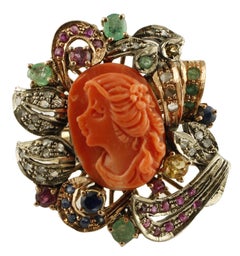 Diamonds, Rubies, Emeralds, Sapphires, Red Coral, Rose Gold/Silver Retrò Ring