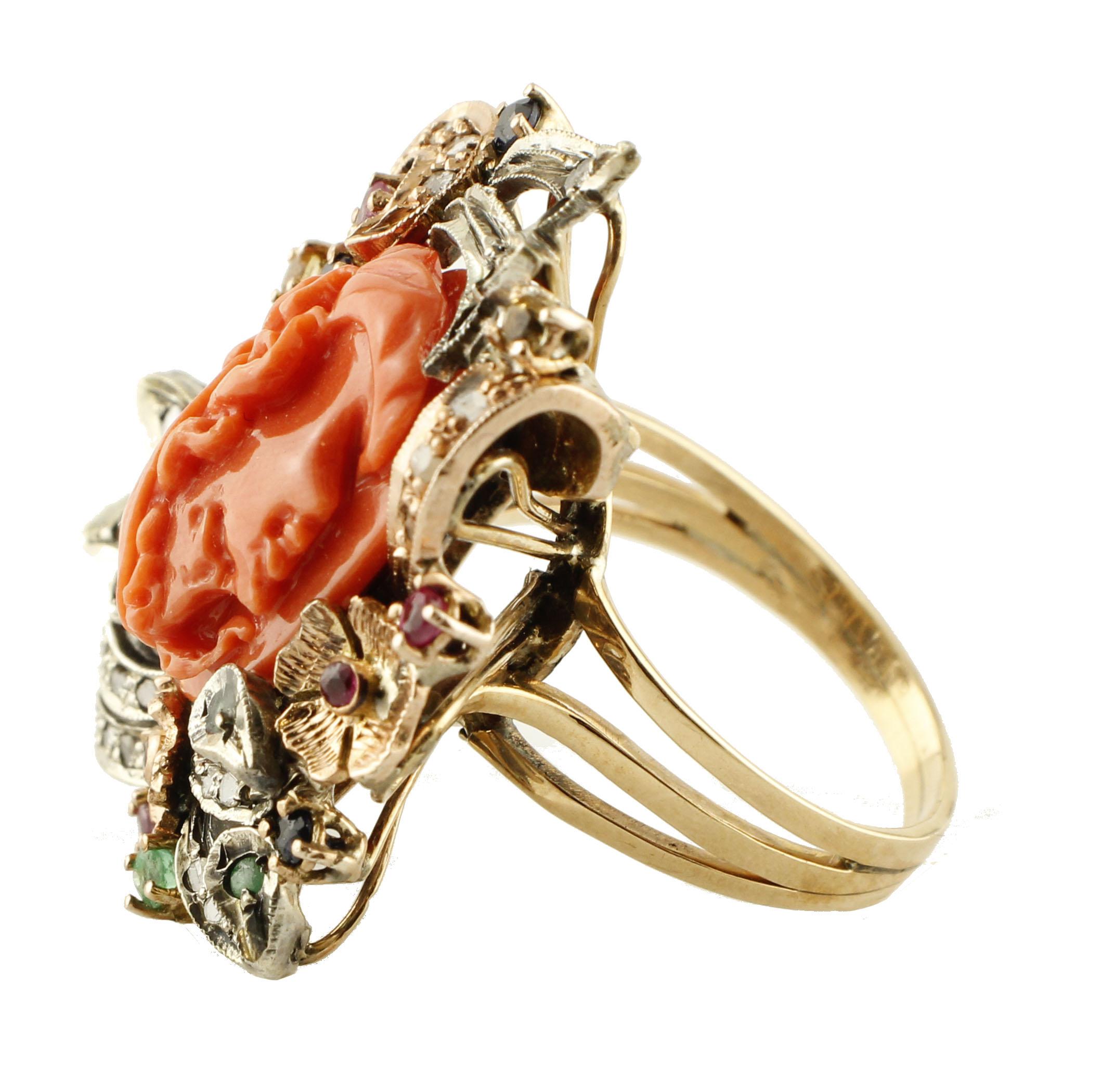 Retro Diamonds, Rubies, Emeralds, Sapphires, Coral Rose Gold and Silver Retrò Ring For Sale