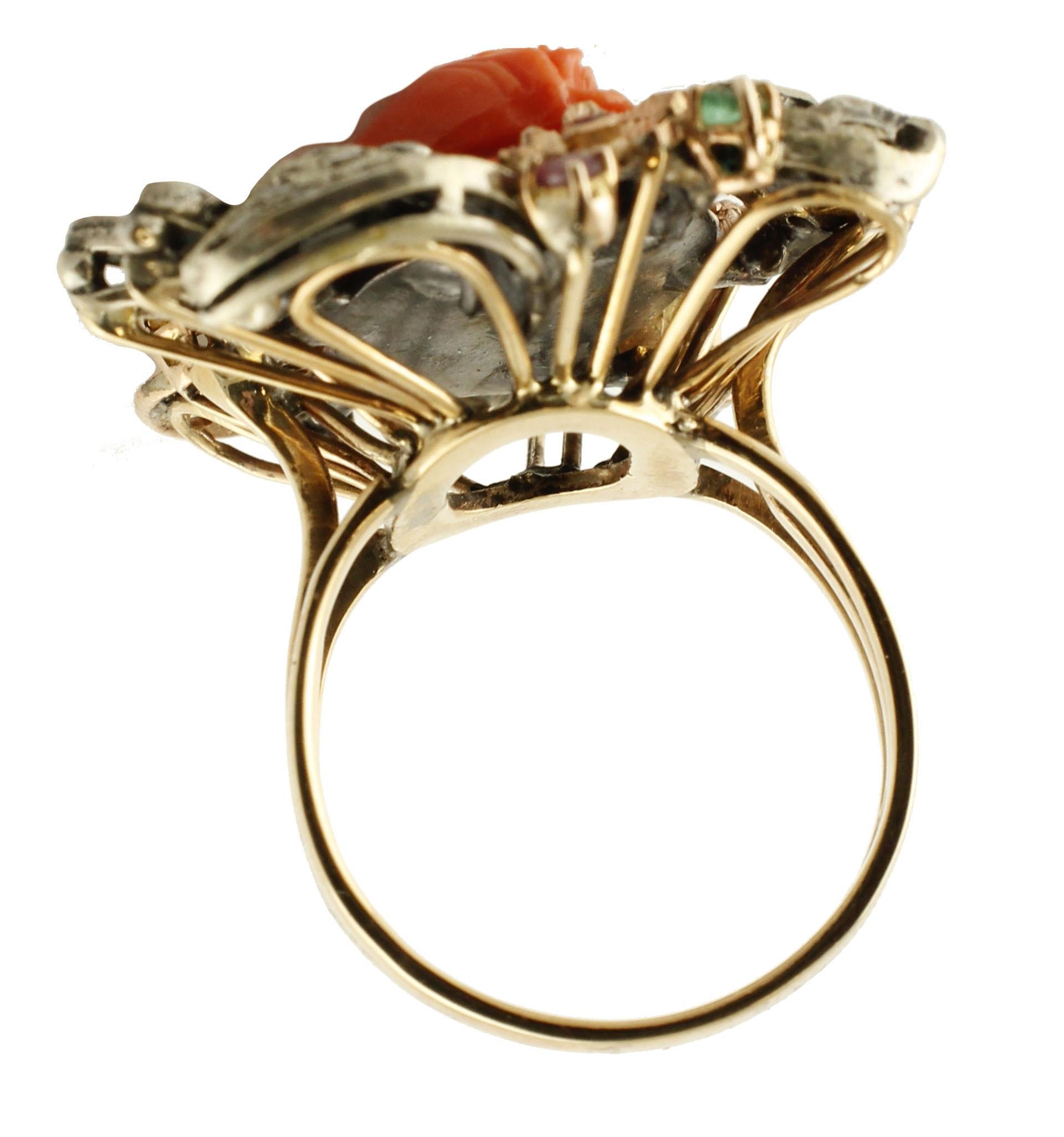 Mixed Cut Diamonds, Rubies, Emeralds, Sapphires, Coral Rose Gold and Silver Retrò Ring For Sale