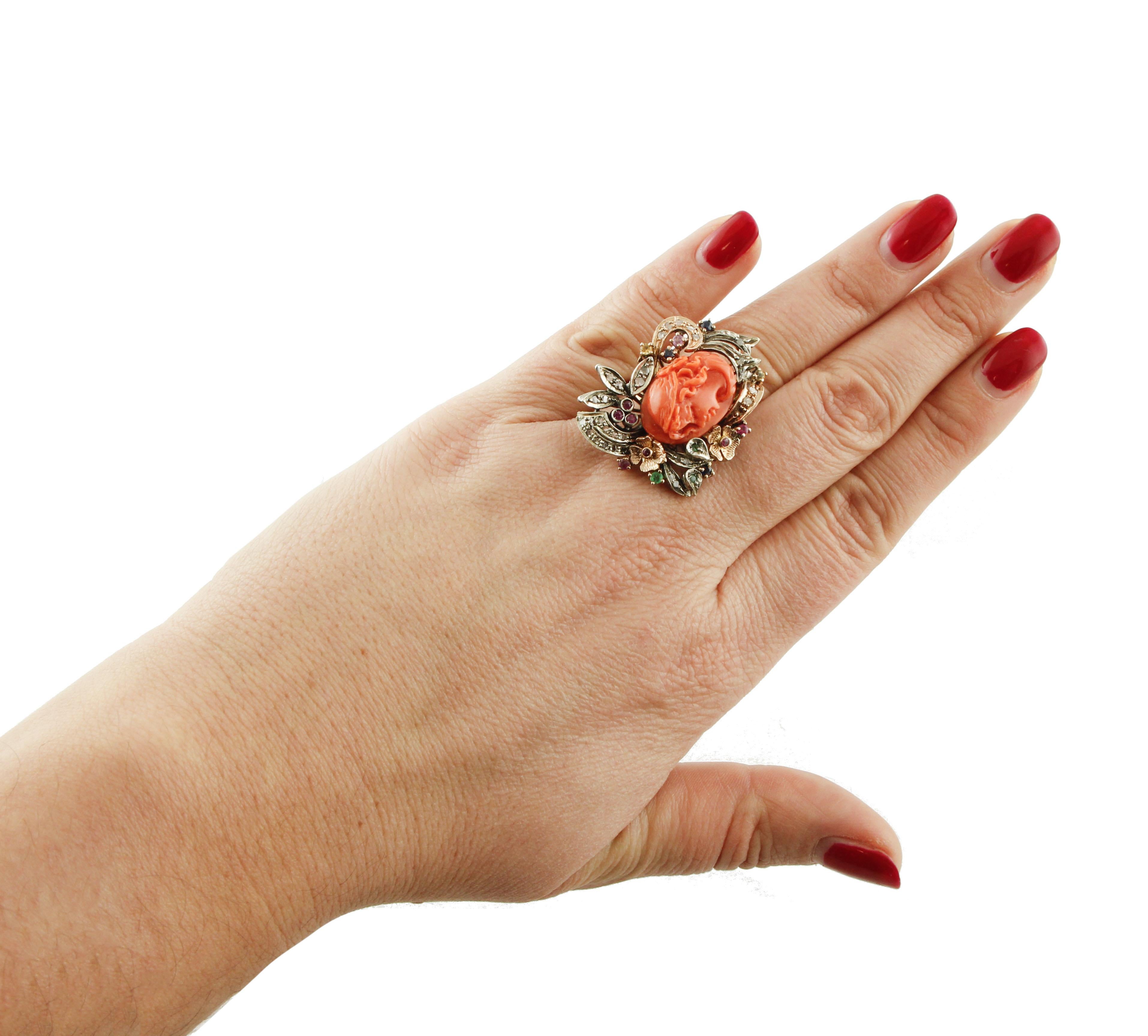 Women's Diamonds, Rubies, Emeralds, Sapphires, Coral Rose Gold and Silver Retrò Ring For Sale