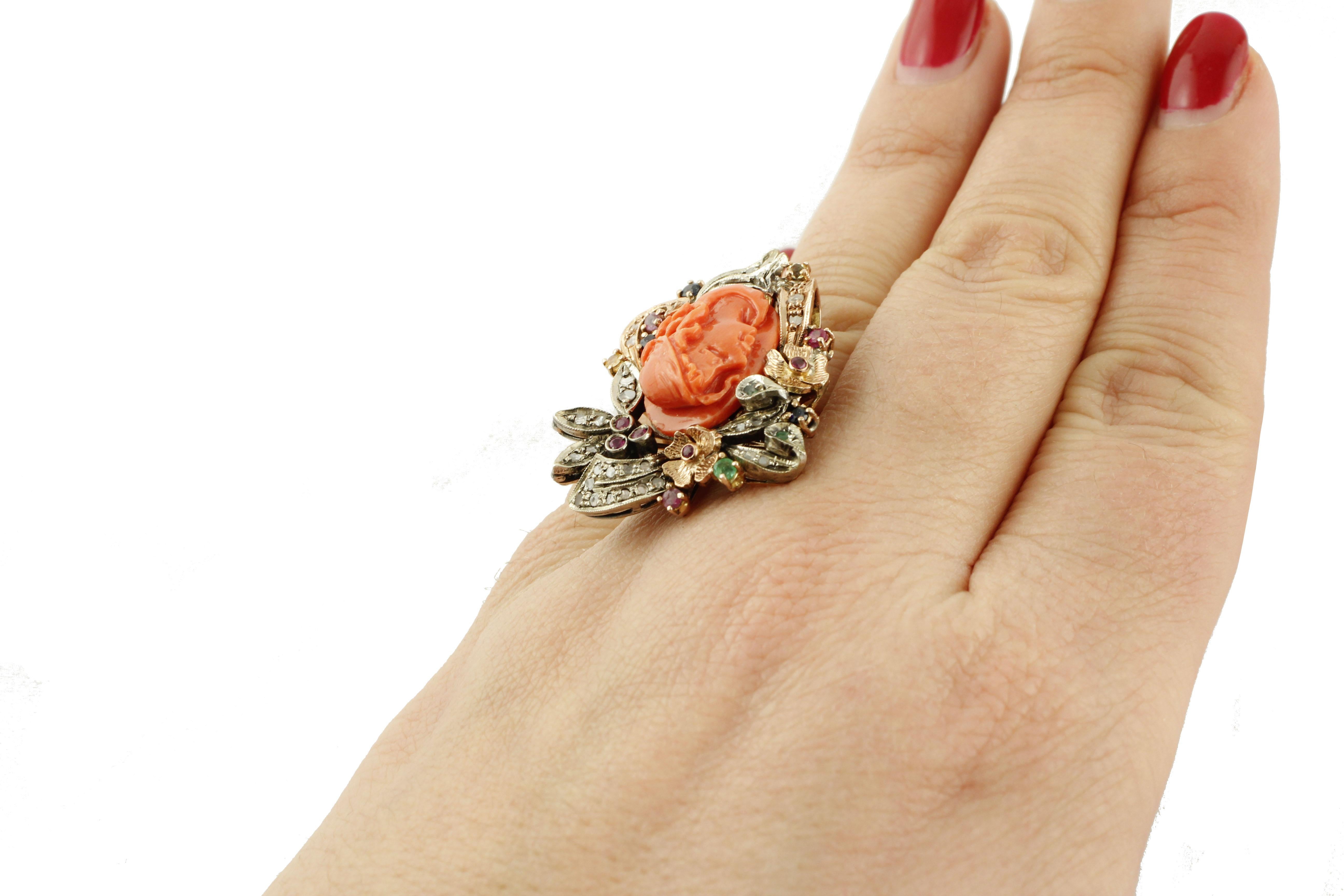 Diamonds, Rubies, Emeralds, Sapphires, Coral Rose Gold and Silver Retrò Ring For Sale 1