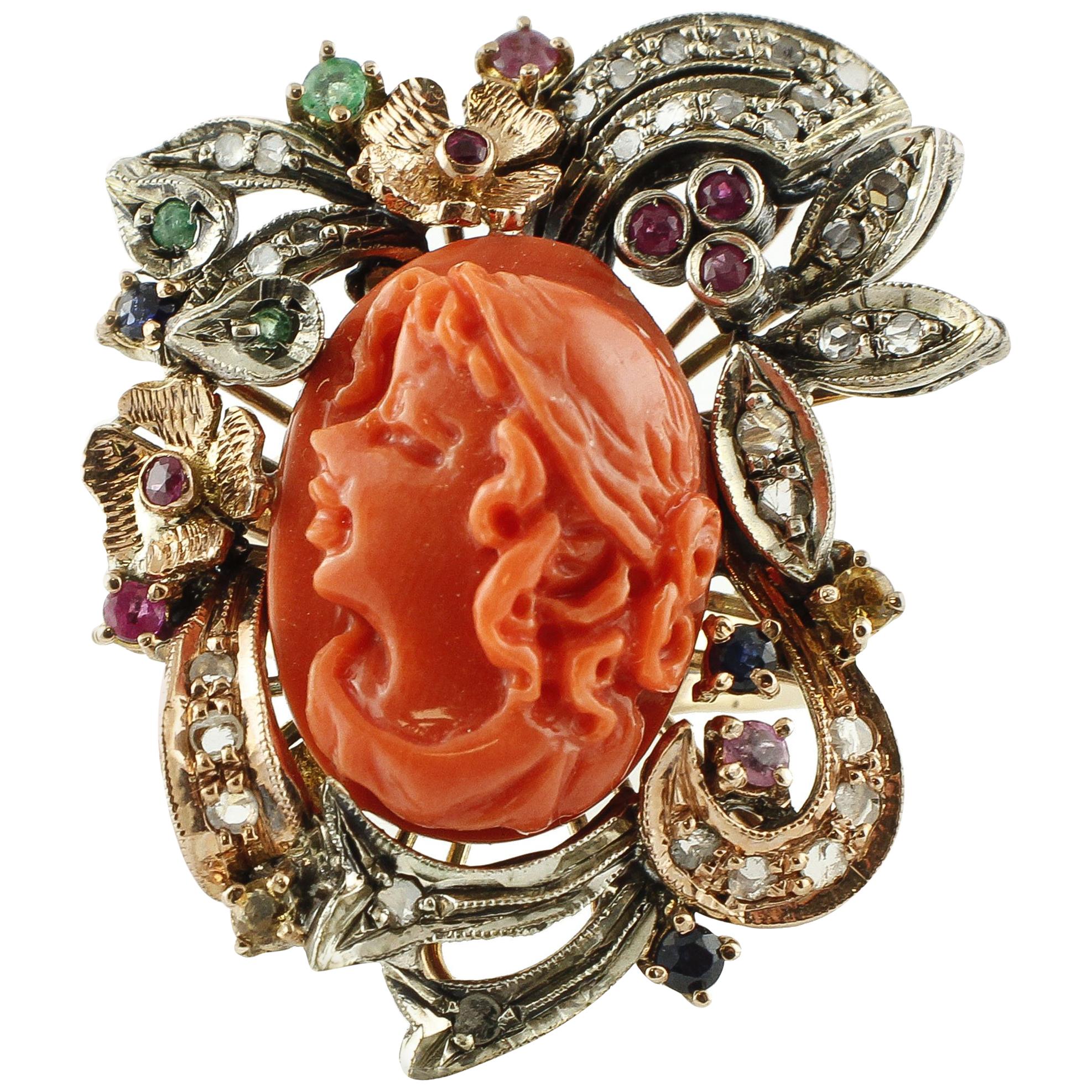 Diamonds, Rubies, Emeralds, Sapphires, Coral Rose Gold and Silver Retrò Ring For Sale