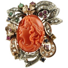 Vintage Diamonds, Rubies, Emeralds, Sapphires, Coral Rose Gold and Silver Retrò Ring