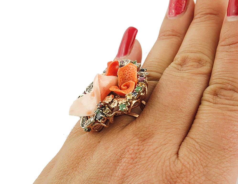 Retro Diamonds Rubies Emeralds Sapphires Coral Rose Gold and Silver Ring