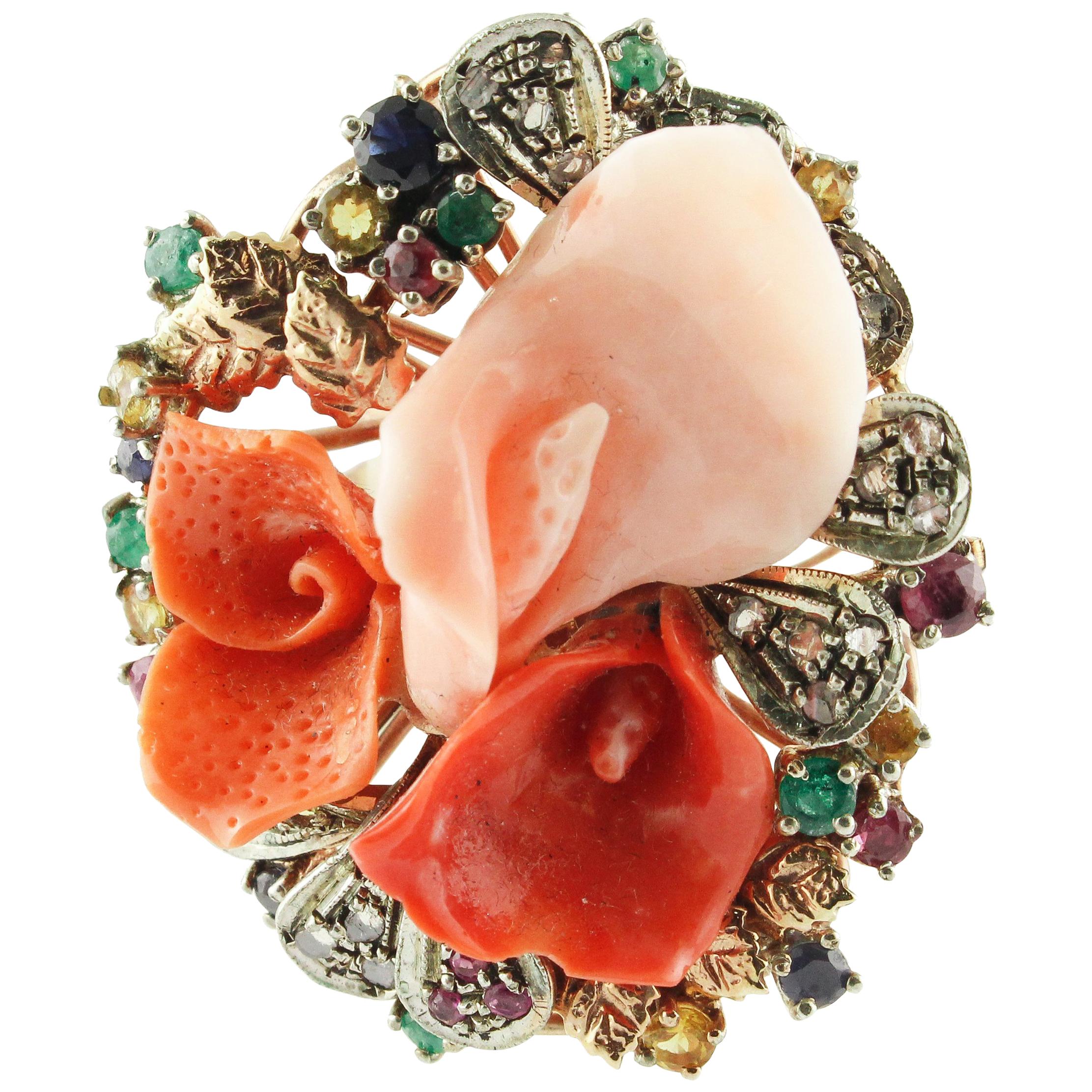 Diamonds Rubies Emeralds Sapphires Coral Rose Gold and Silver Ring