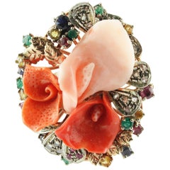 Diamonds Rubies Emeralds Sapphires Coral Rose Gold and Silver Ring