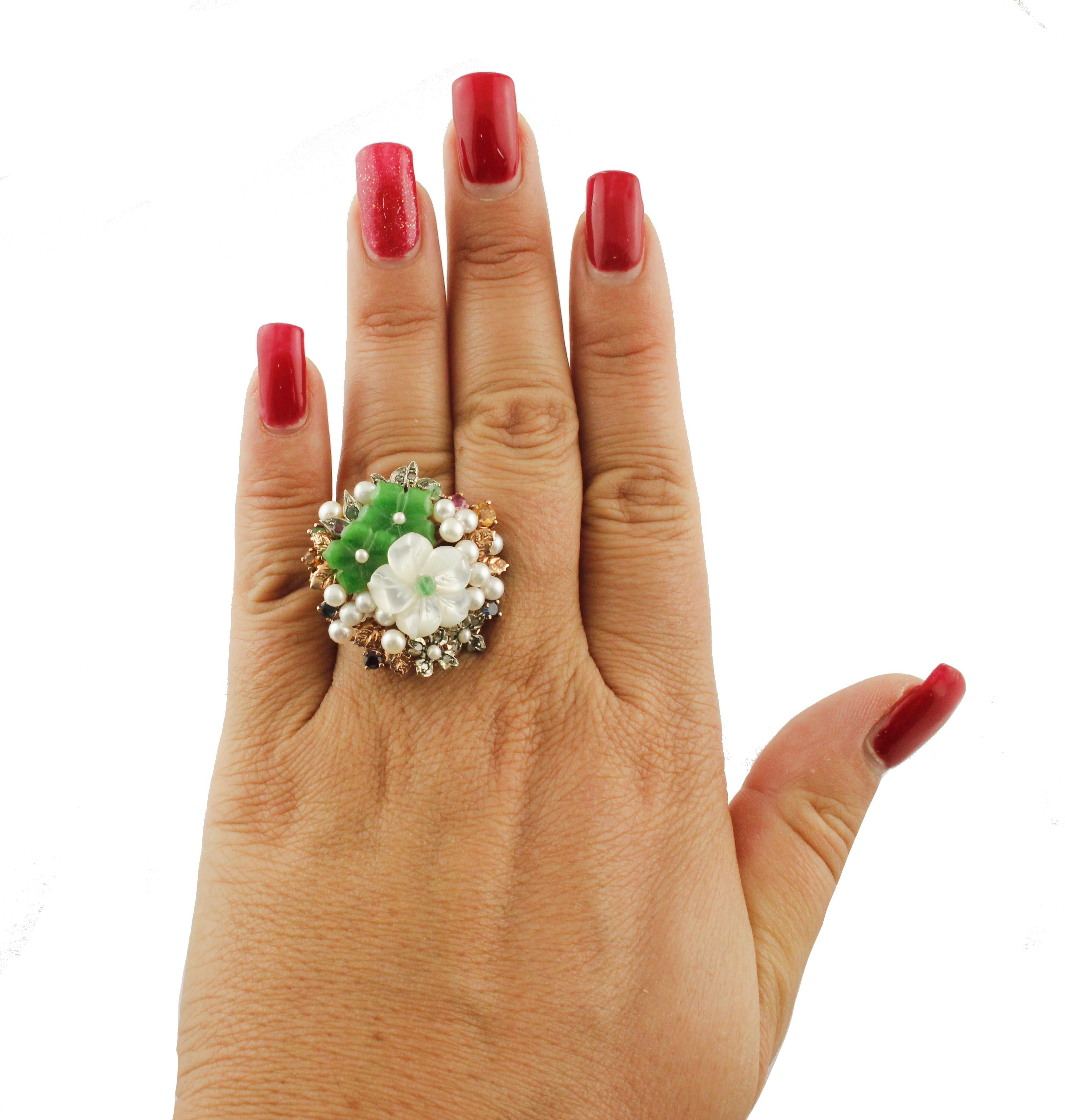 Retro Diamonds Rubies Emeralds Sapphires Green Agate White Stones Gold Silver Ring For Sale