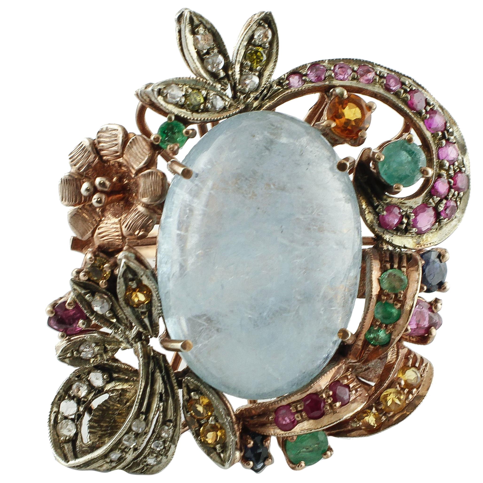 Diamanten, Rubine, Smaragde, Saphire, Milch-Aquamarin Gold Silber Mode Ring