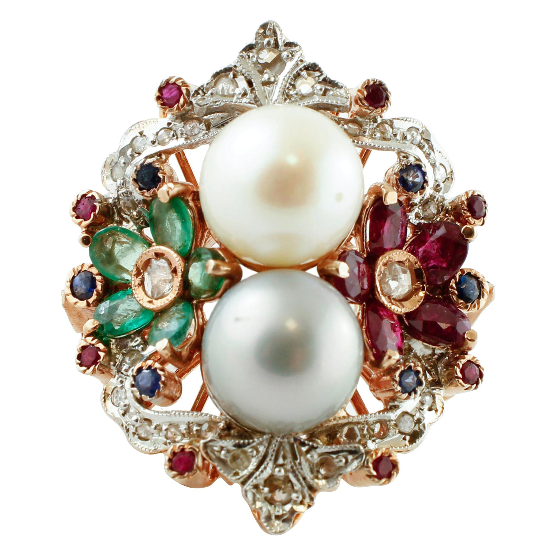 Diamonds, Rubies, Emeralds, Sapphires, Pearls, 9 Karat Rose Gold and Silver Ring
