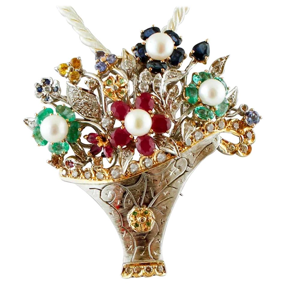 Diamonds, Rubies, Emeralds, Sapphires, Pearls, Flower Basket Brooch or Pendant